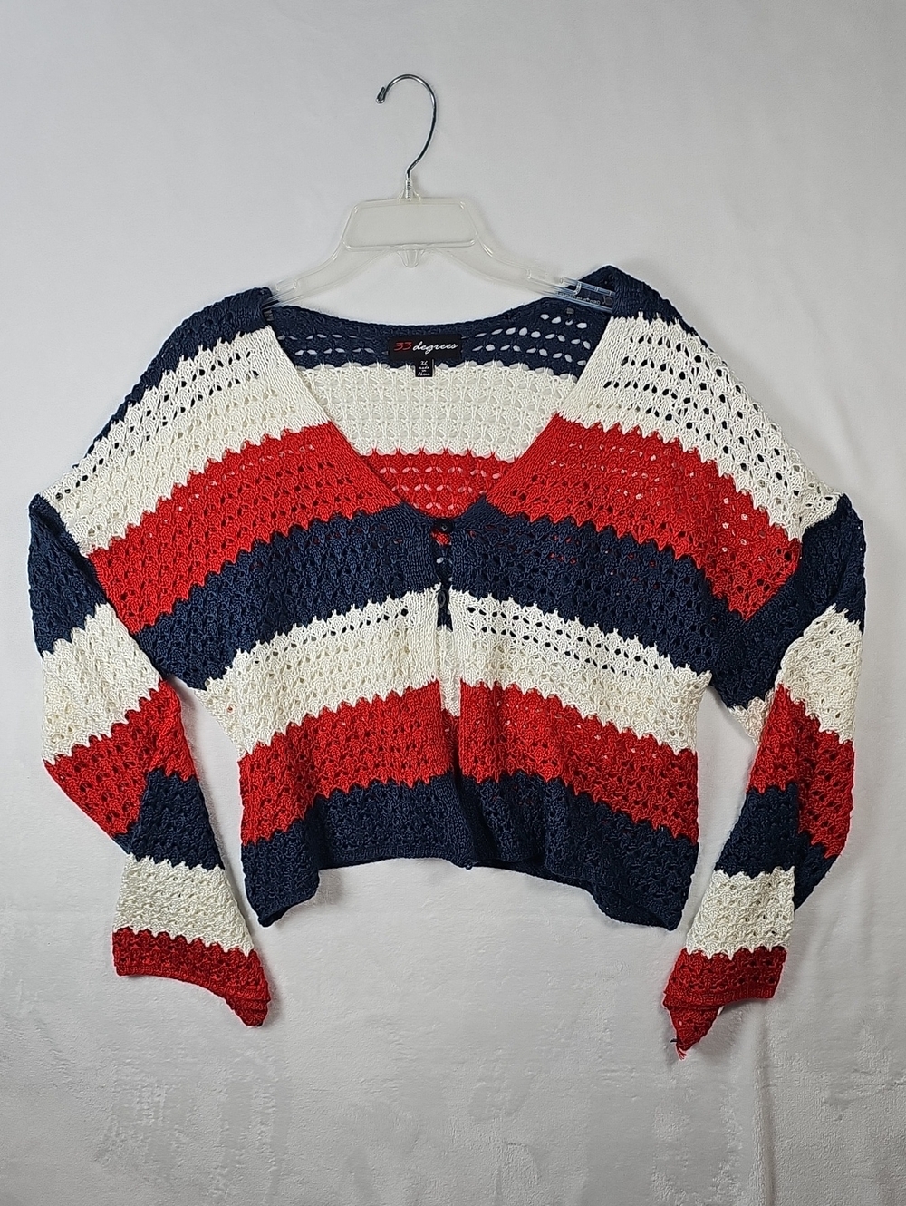 33 Degrees Americana Patriotic Open Stitch Crochet Long Bell Sleeve Cardigan XL